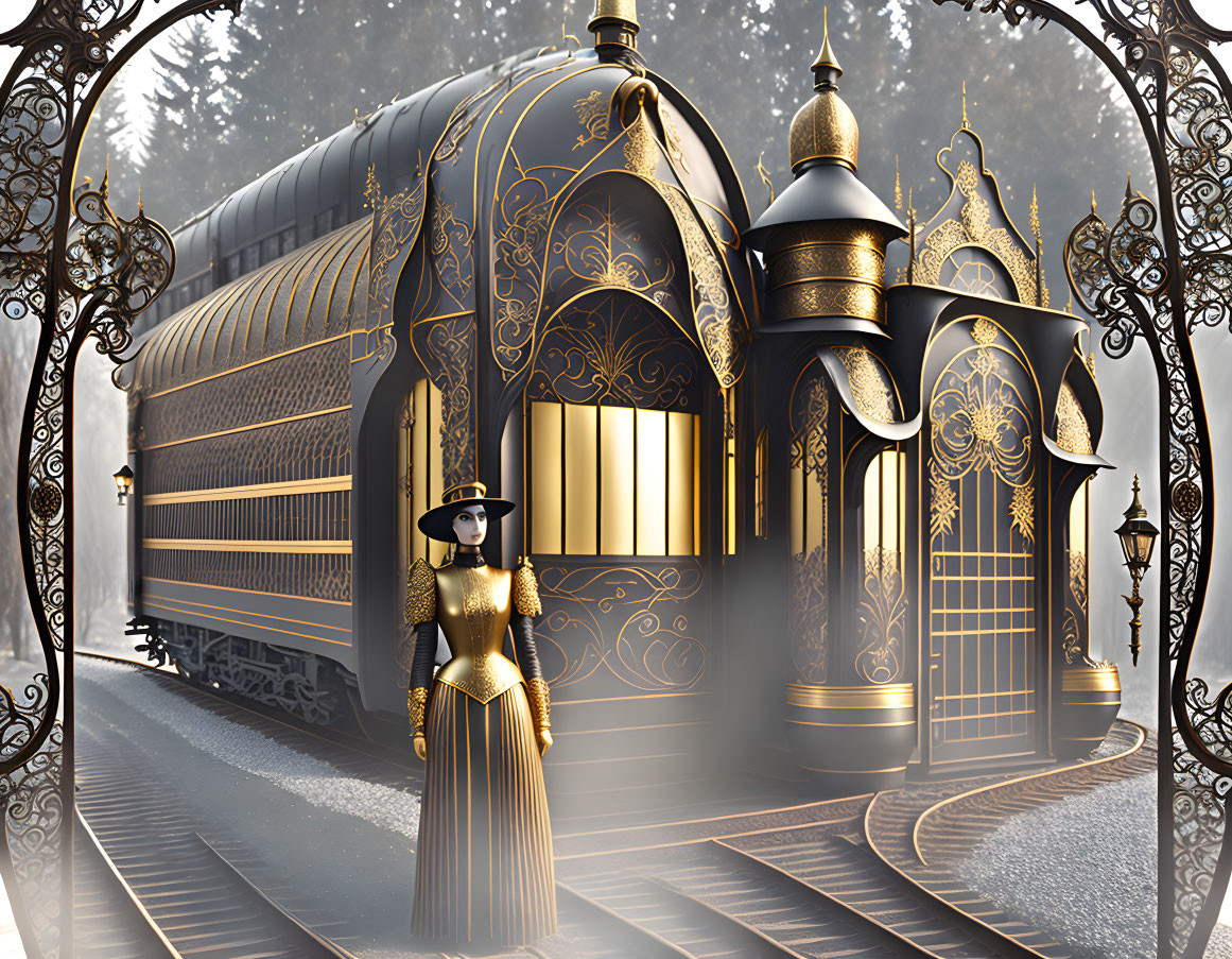 Golden ornate steam train in misty forest with vintage-clad woman.