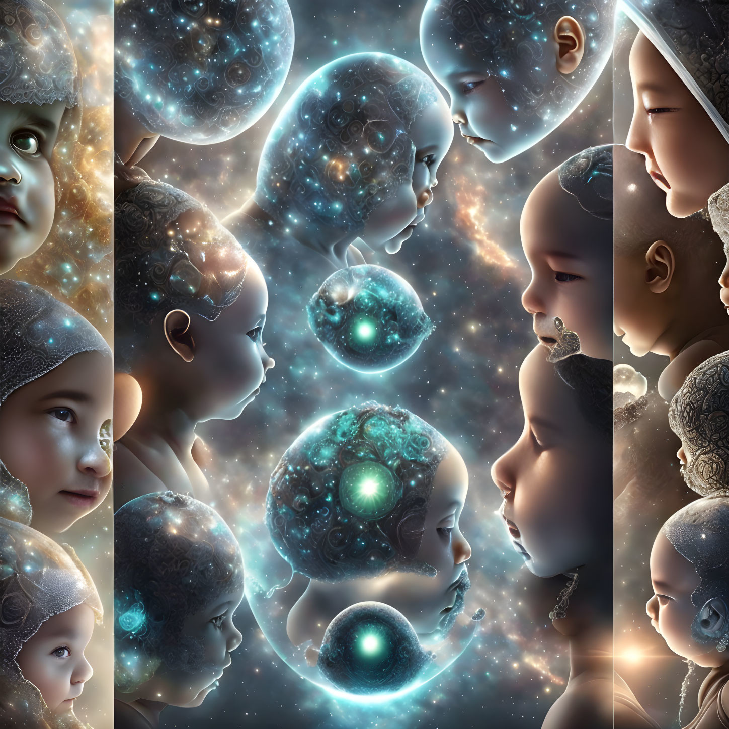 Surreal children's faces collage with cosmic and fractal elements