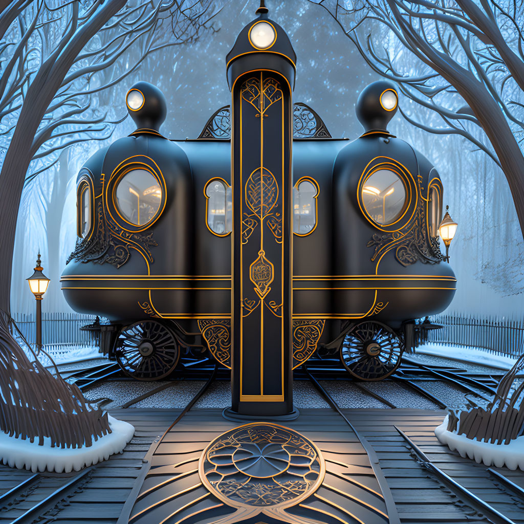 Black and gold ornate train in snowy forest with vintage street lamps