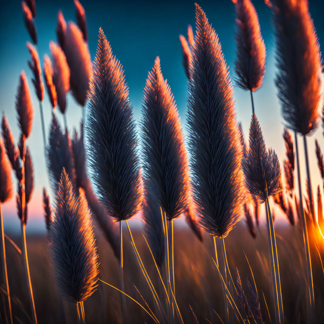 Silhouetted tall grass at sunset with blue and orange hues