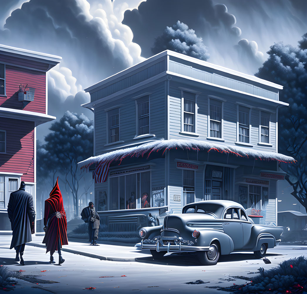 Retro-styled characters with classic car at old diner under stormy sky