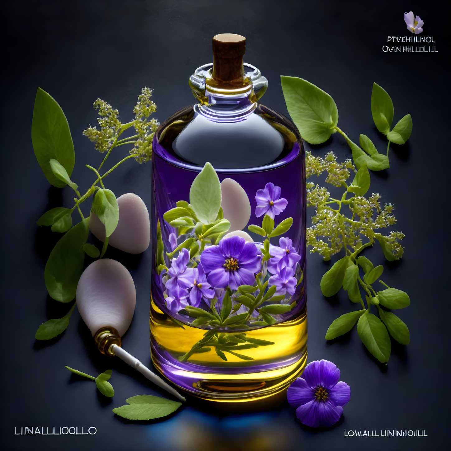 Amber Liquid Bottle with Violet Flowers and Quill on Dark Background