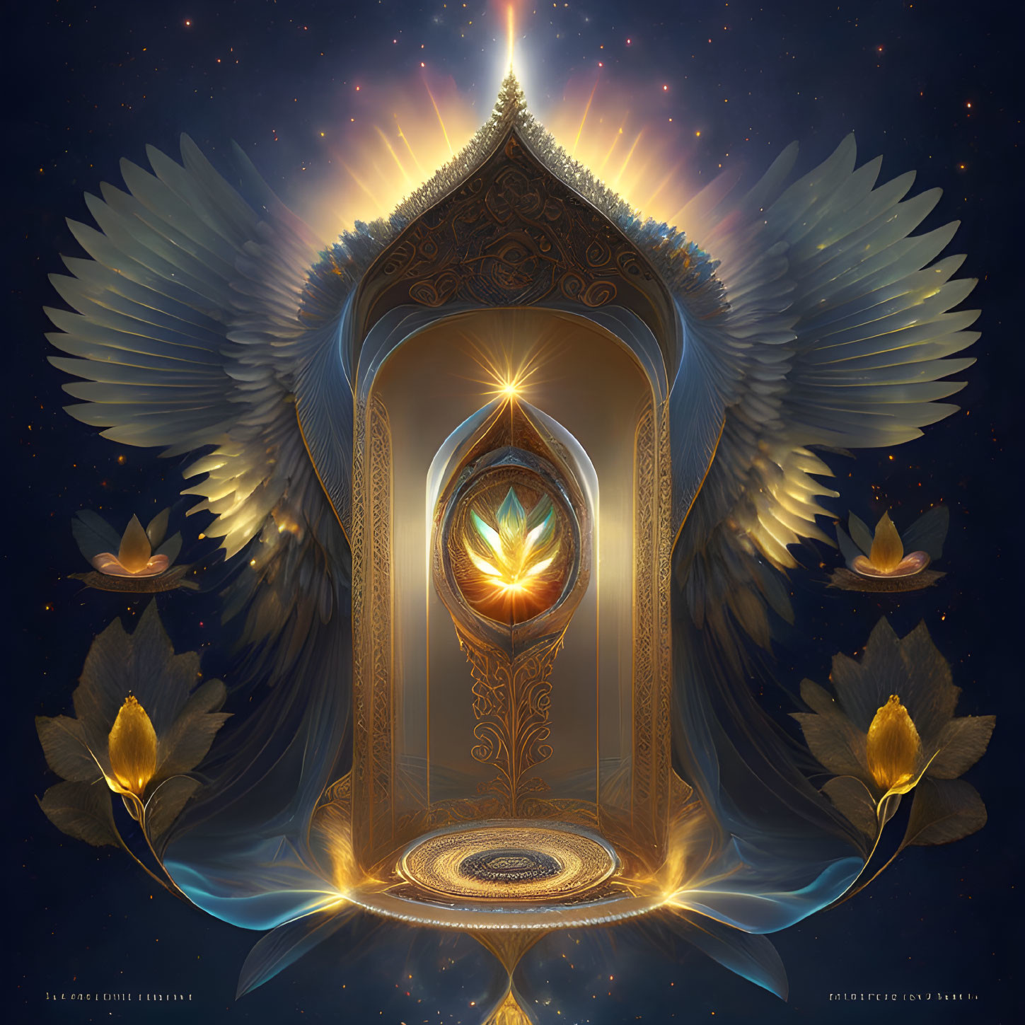 Symmetrical digital artwork: Glowing feathered archway with golden design