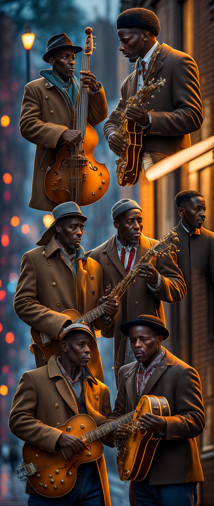 Four musicians playing double bass and electric guitars on city street at dusk