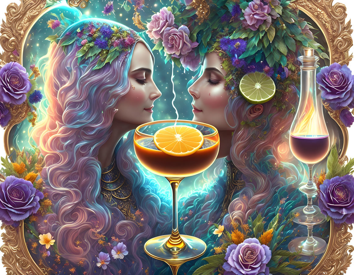 Women in floral headdresses surrounded by golden details and colorful liquids.