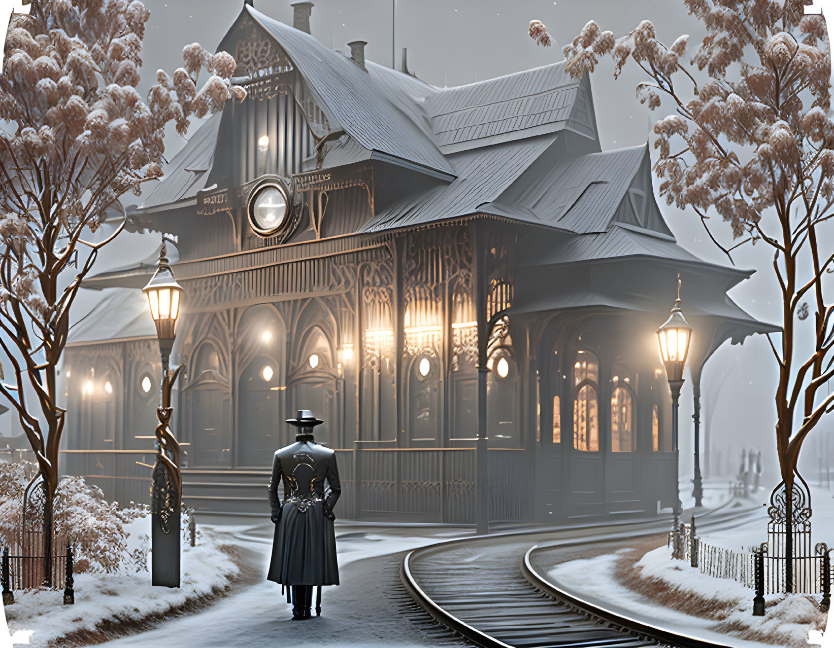 Victorian-themed person at ornate train station in snowy evening