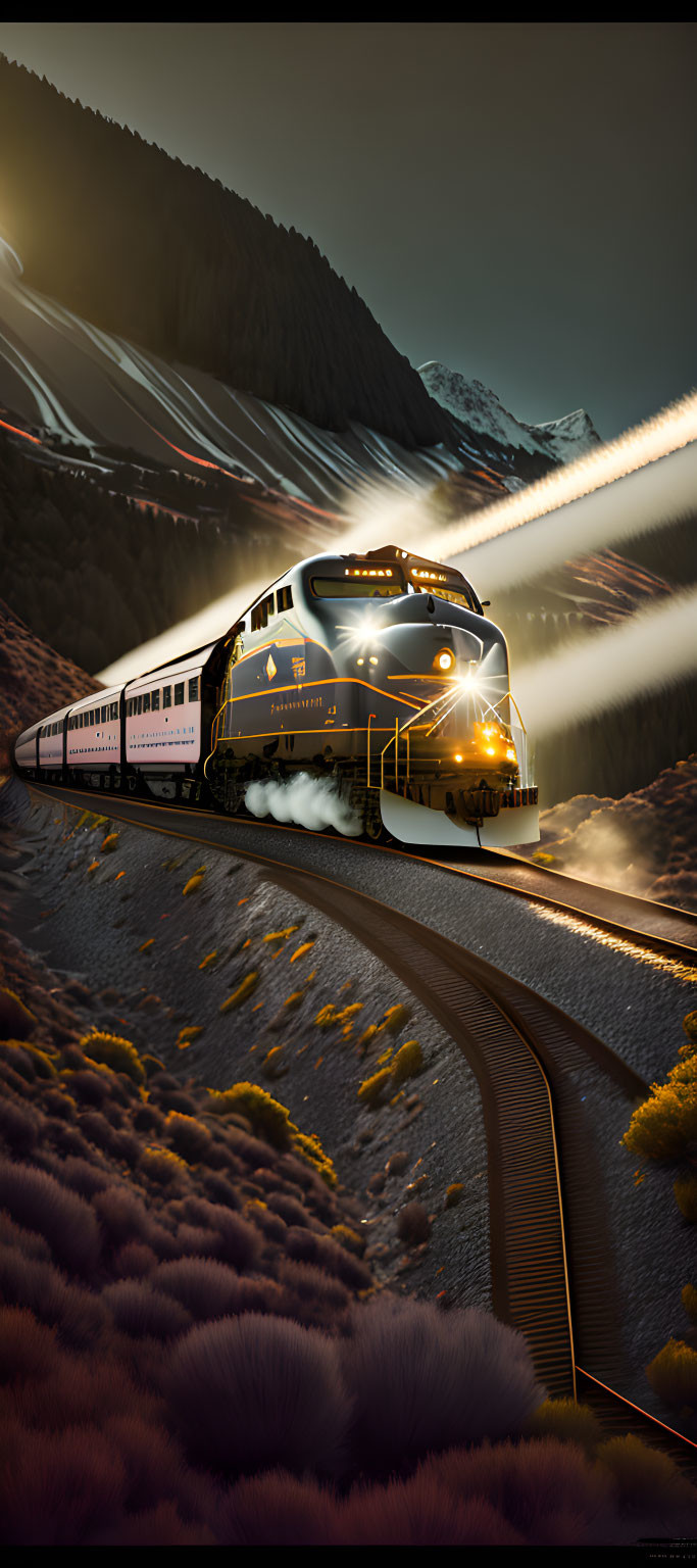 Vintage train travels through misty mountain landscape at dusk