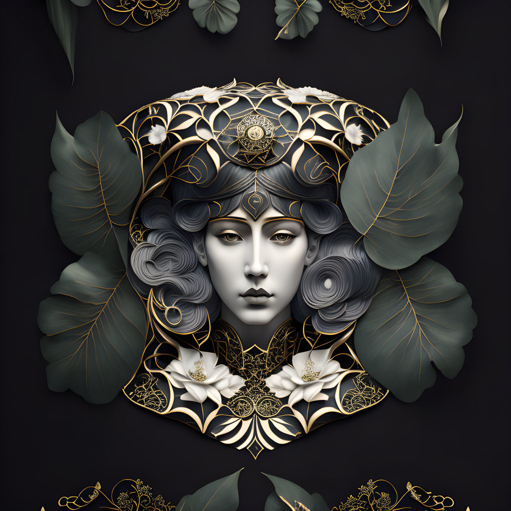 Detailed Woman's Face Illustration with Gold and White Floral Patterns on Black Background