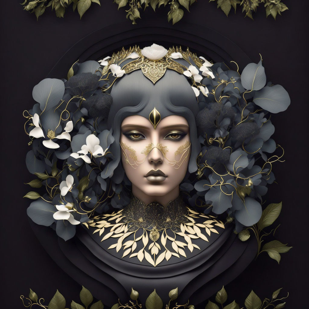 Woman's Face Illustration with Gold Accents and Floral Wreath on Dark Background