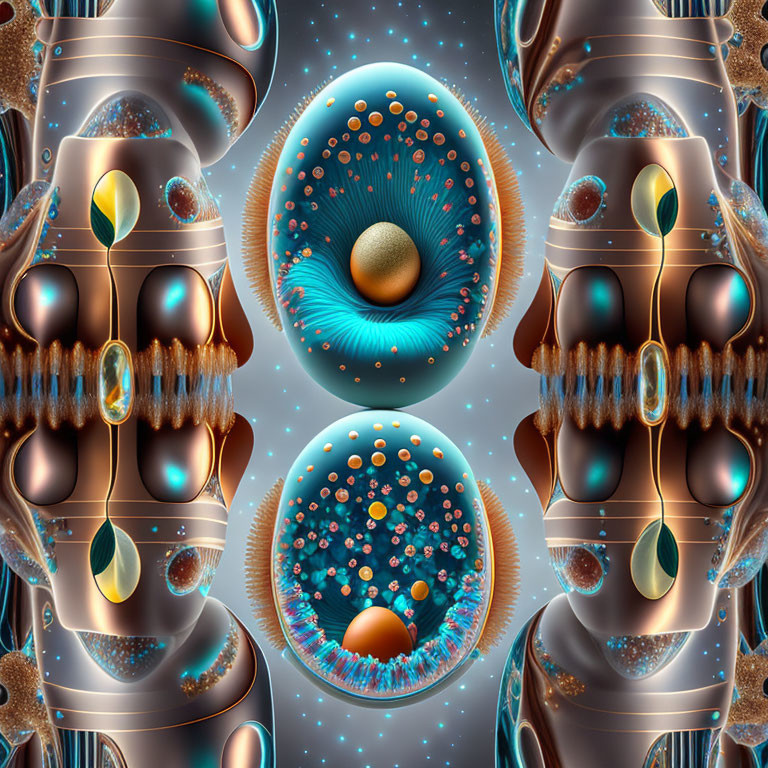 Symmetrical digital artwork: Egg-like shapes, fractal patterns in blue, brown, and gold.