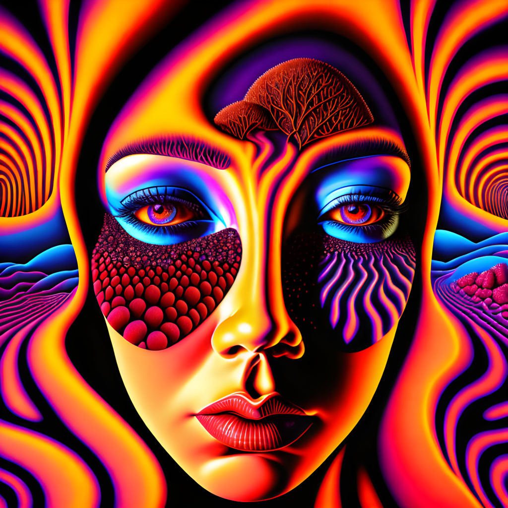 Colorful digital artwork: woman's face with psychedelic patterns and tree silhouette.