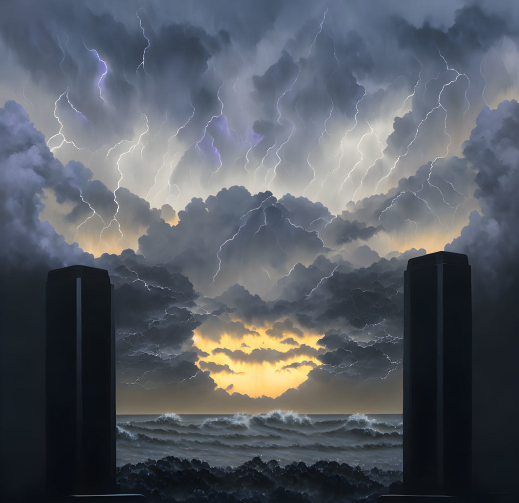 Stormy Seascape with Dark Clouds, Lightning, Sunset, and Pillars