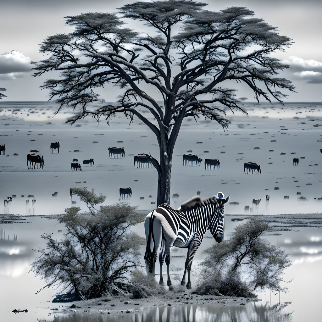 Zebra on Island with Tree and Herd in Monochromatic Landscape