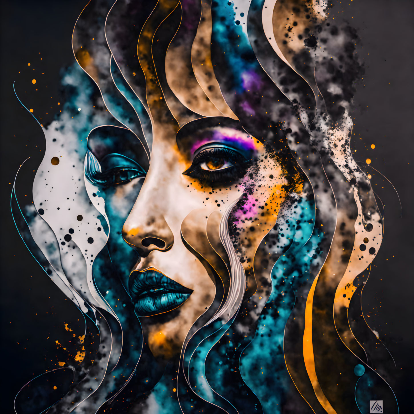 Colorful digital portrait of a woman with cosmic makeup on dark background