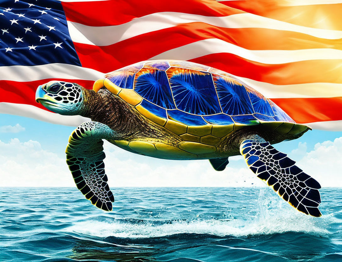 Colorful sea turtle swimming with American flag backdrop