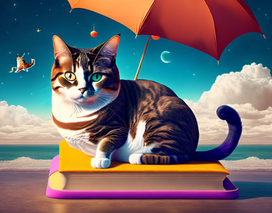 Whimsical cat with blue-green eyes sitting on colorful books under surreal night sky.