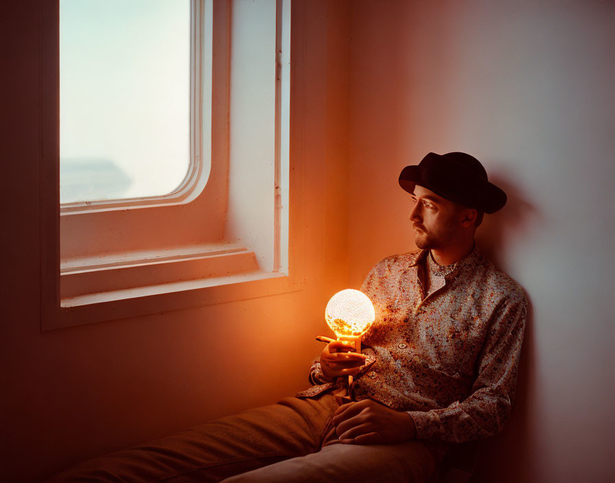 Man in fedora holding lit bulb by window with soft light