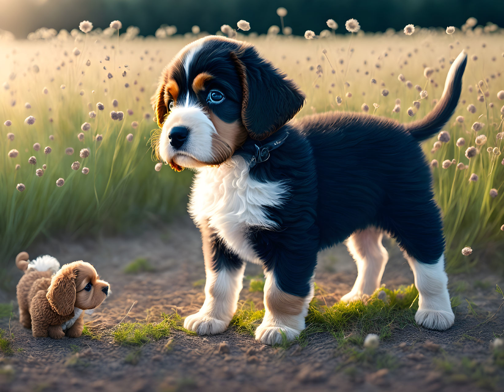 Bernese Mountain Dog Puppy and Toy Dog on Path with Dandelion Seeds at Sunset