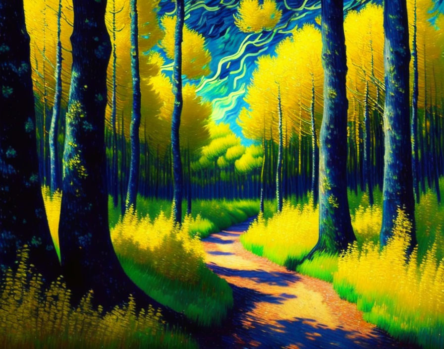 Colorful Forest Path Painting with Tall Trees and Swirling Sky