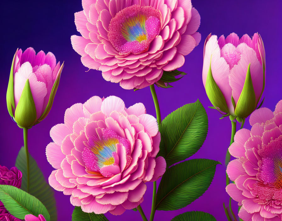 Pink flowers with water droplets on petals against purple background, some fully open and others budding, with