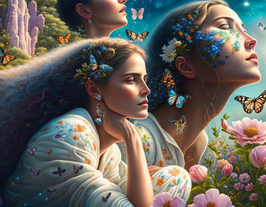 Two women with elaborate floral hairstyles in mystical landscape.