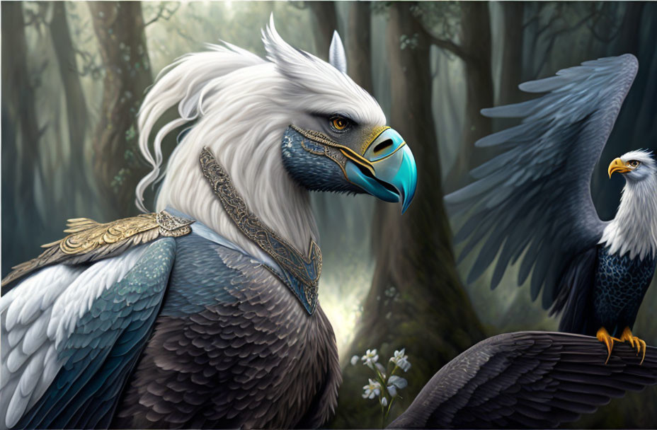 Majestic white and gray eagle with blue beak mask in ornate armor, accompanied by smaller