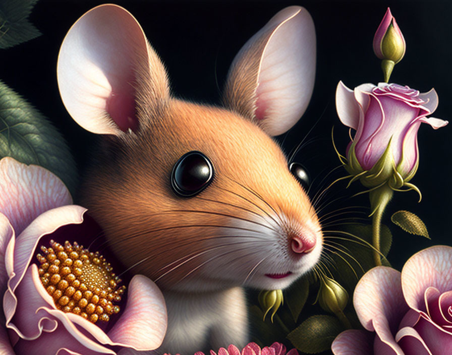 Detailed Illustration: Mouse with Large Glossy Eyes Surrounded by Flowers and Leaves