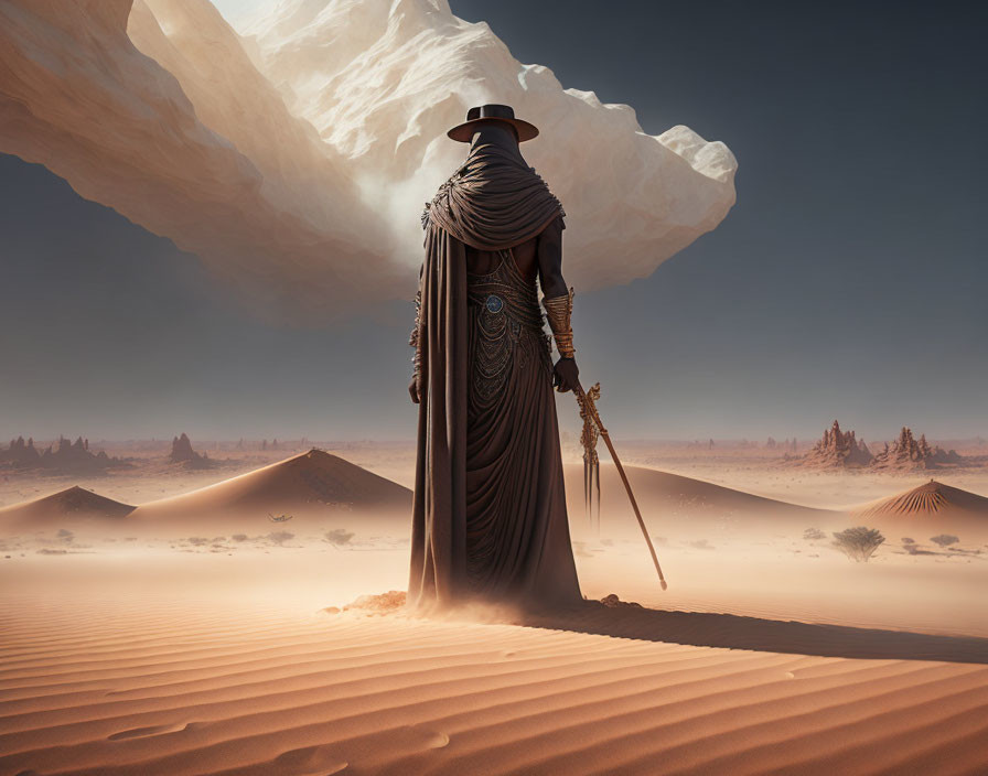 Cloaked figure with sword in desert under floating rock.