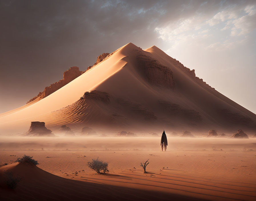 Solitary figure in vast desert with towering sand dunes under hazy sky