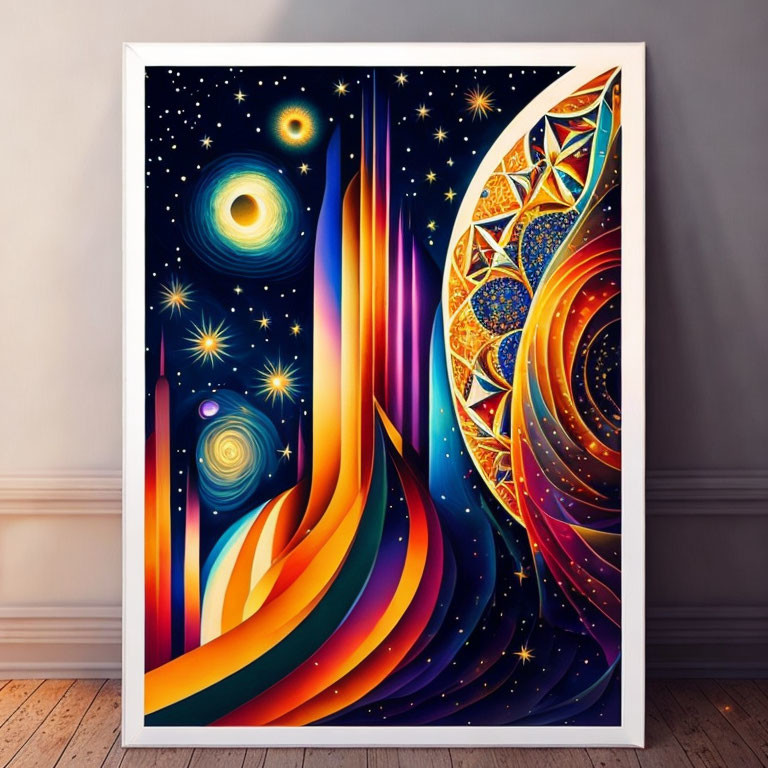 Colorful Abstract Painting with Swirled Shapes in Orange and Blue Hues