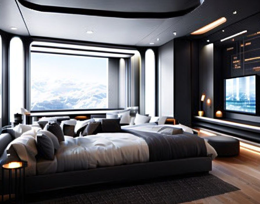 Modern Bedroom with Large Bed, Black Walls, Sleek Furniture, Ambient Lighting, Mountain View