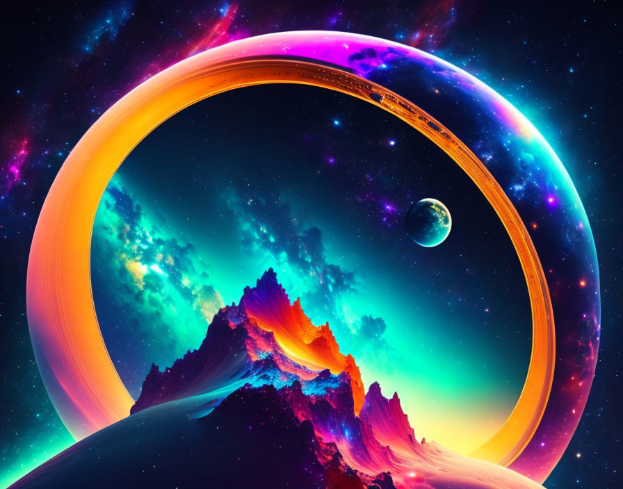 Colorful cosmic landscape with ringed structure and neon-lit mountains