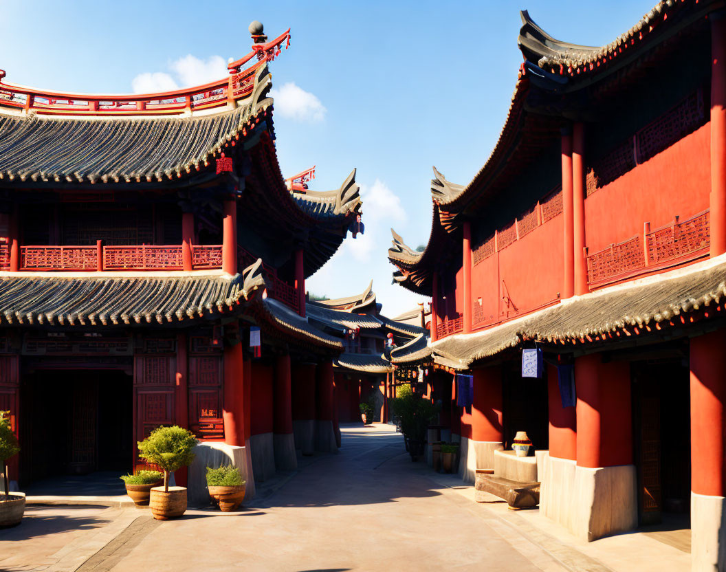 Ornate Red Buildings in Traditional Chinese Architectural Complex