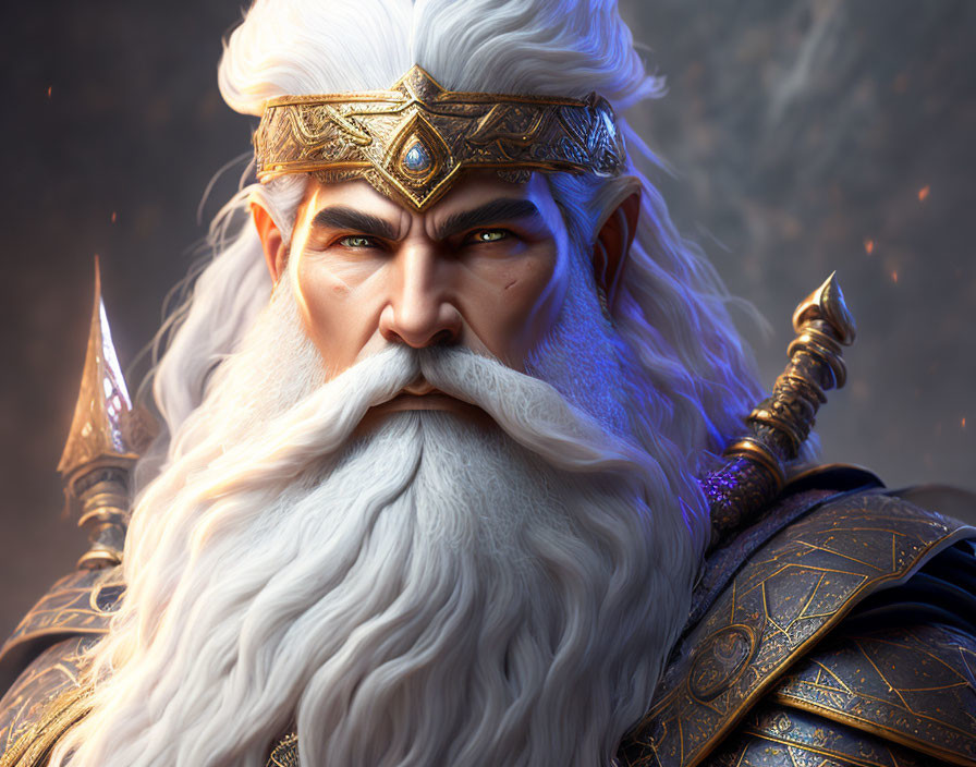 Majestic bearded fantasy character with crown and blue eyes in ornate armor