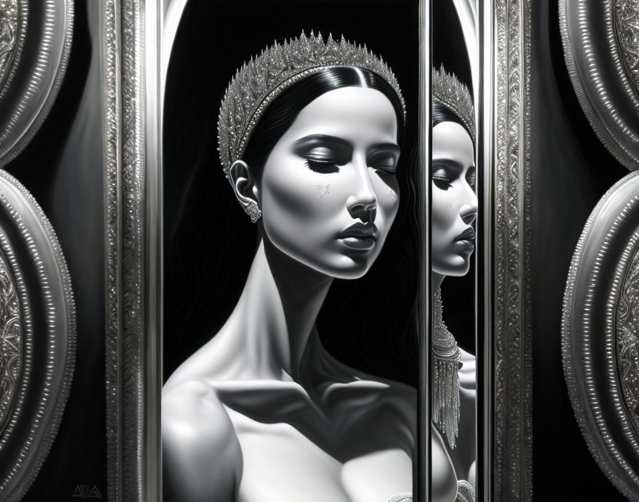 Monochromatic digital painting of woman with tiara and mirrors.