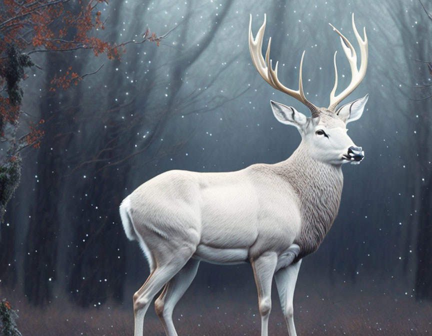 White deer with antlers in mystical winter forest with falling snowflakes