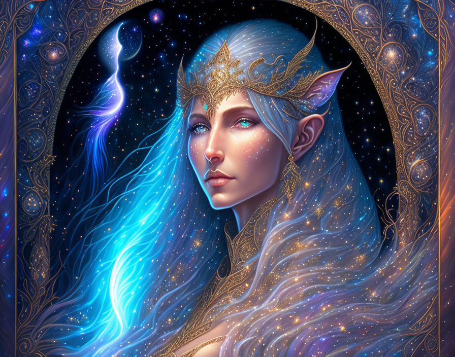 Blue-skinned elf with golden headdress and glowing spirit in ornate frame