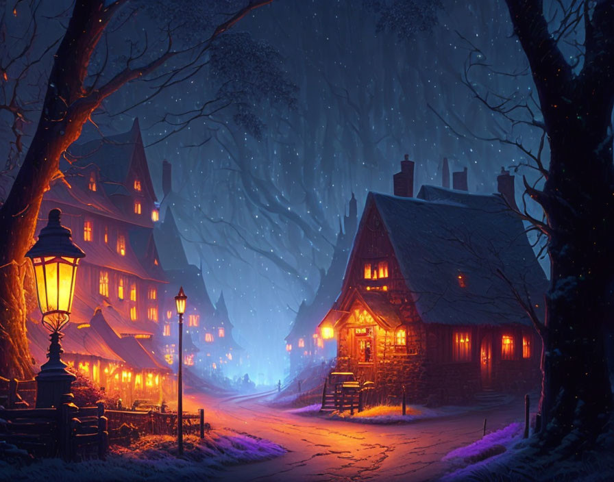 Snowy Winter Night Scene: Charming Houses, Glowing Street Lamps, Bare Trees