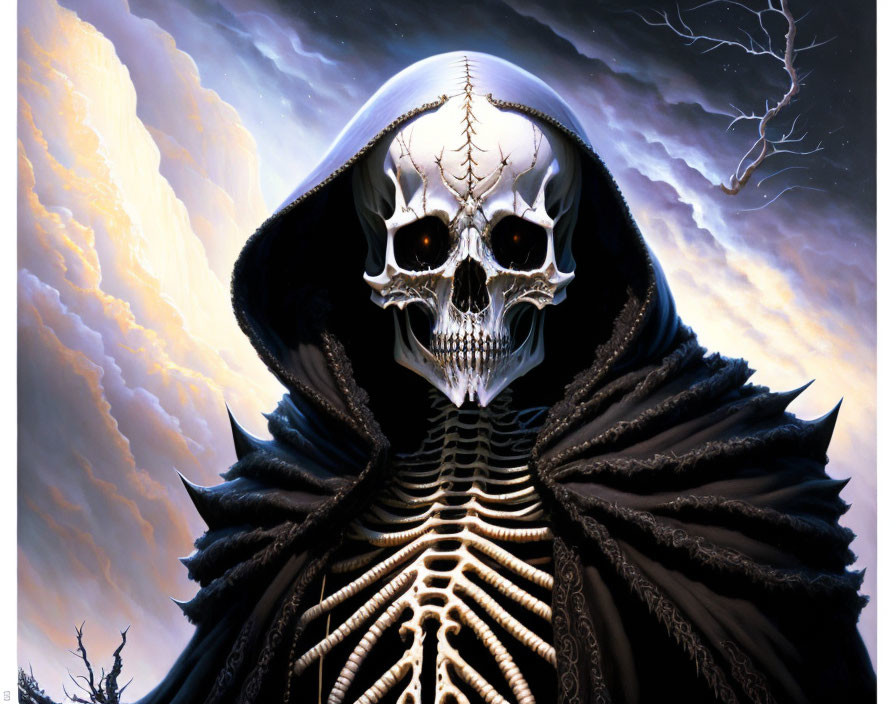 Detailed Illustration: Skull-headed skeletal entity in dark cloak under dramatic lightning sky