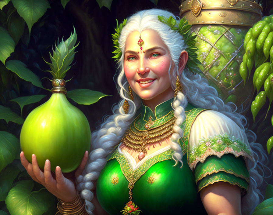 Smiling woman with white hair in green and gold attire holding glowing gourd in lush forest