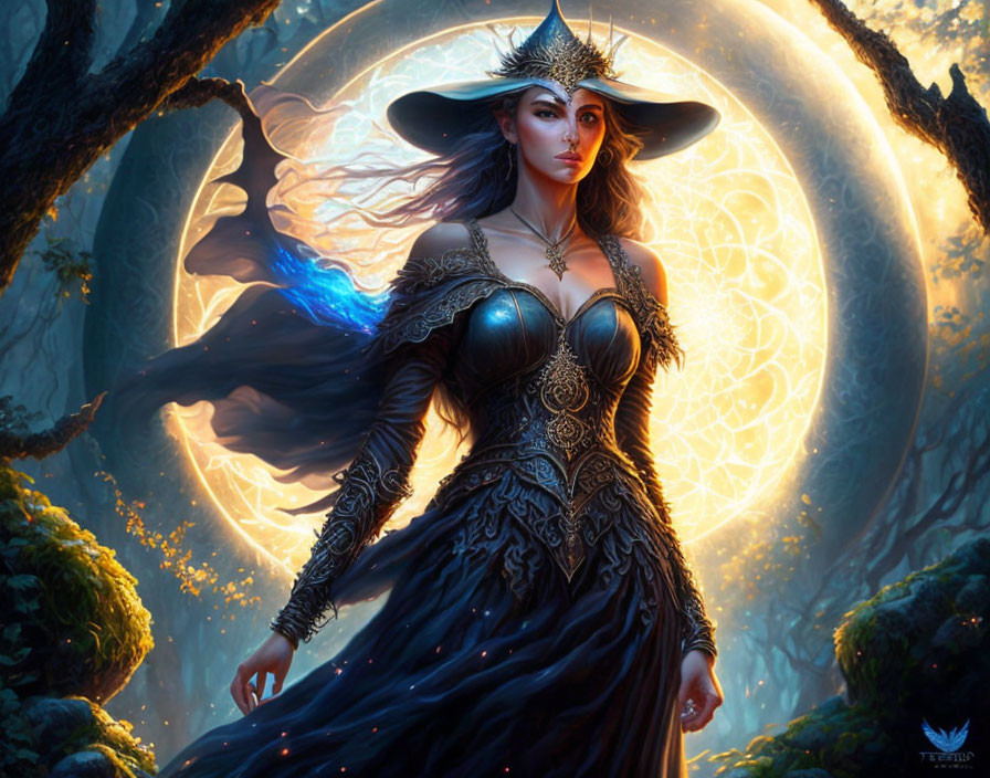 Fantasy female character in forest with magical symbol and bird