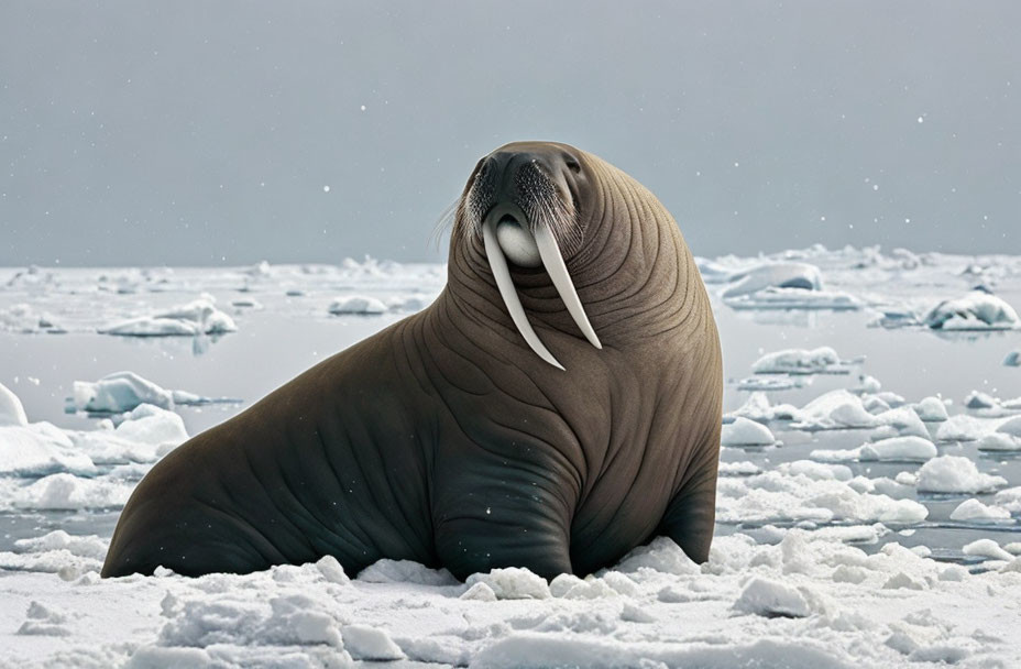 Walrus with Prominent Tusks on Icy Terrain surrounded by Ice Fragments