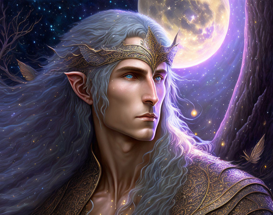 Elven character with silver hair and golden crown under starry sky