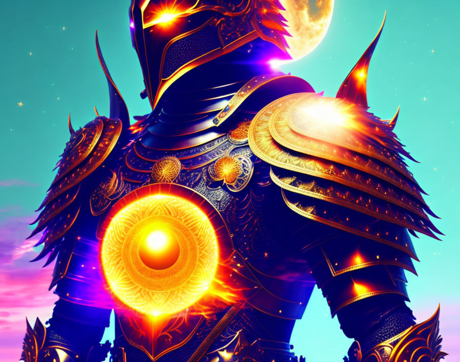 Armored character with orange accents in cosmic setting