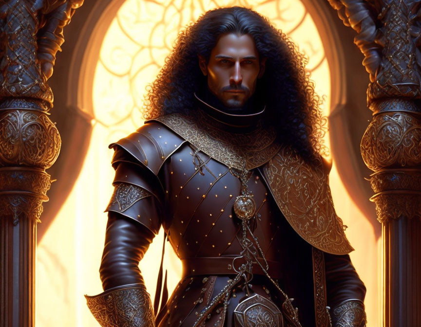 Medieval armored man in front of fiery backdrop and grand archways