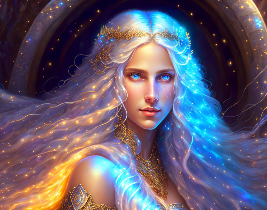 Mystical woman with glowing blue eyes and golden hair in ethereal setting