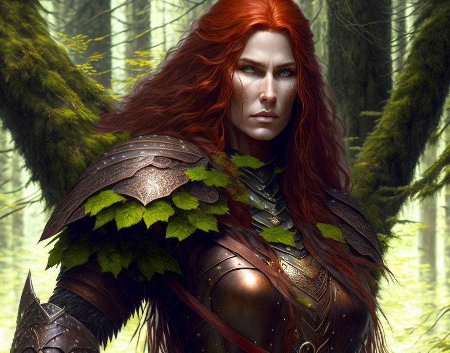 Red-haired armored warrior with blue eyes in mossy forest.