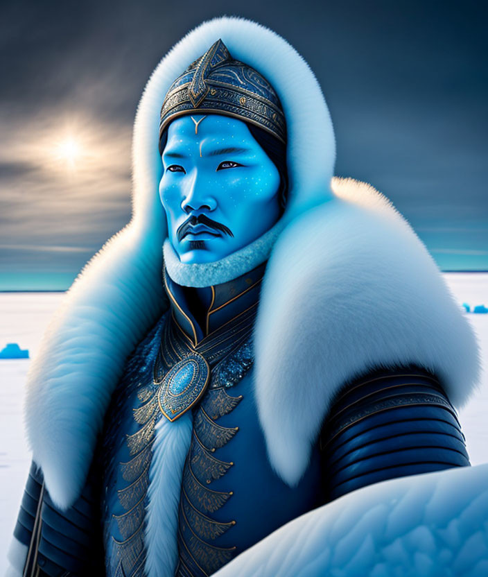 Blue-skinned warrior in silver armor against snowy landscape