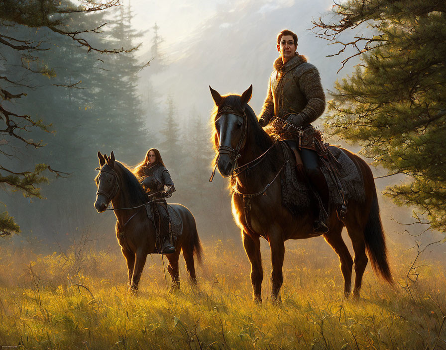 Serene forest clearing with two individuals on horseback