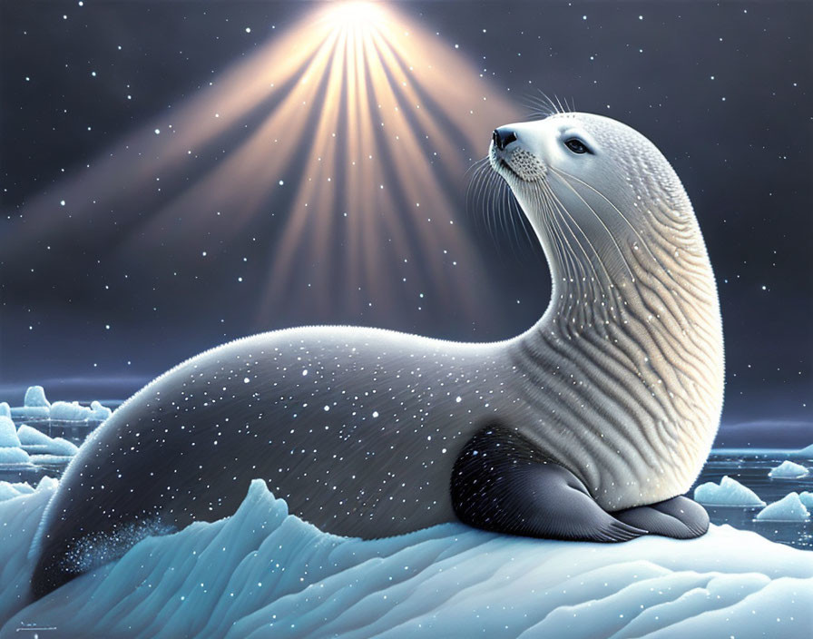 Seal resting on icy terrain under starry sky with falling snow